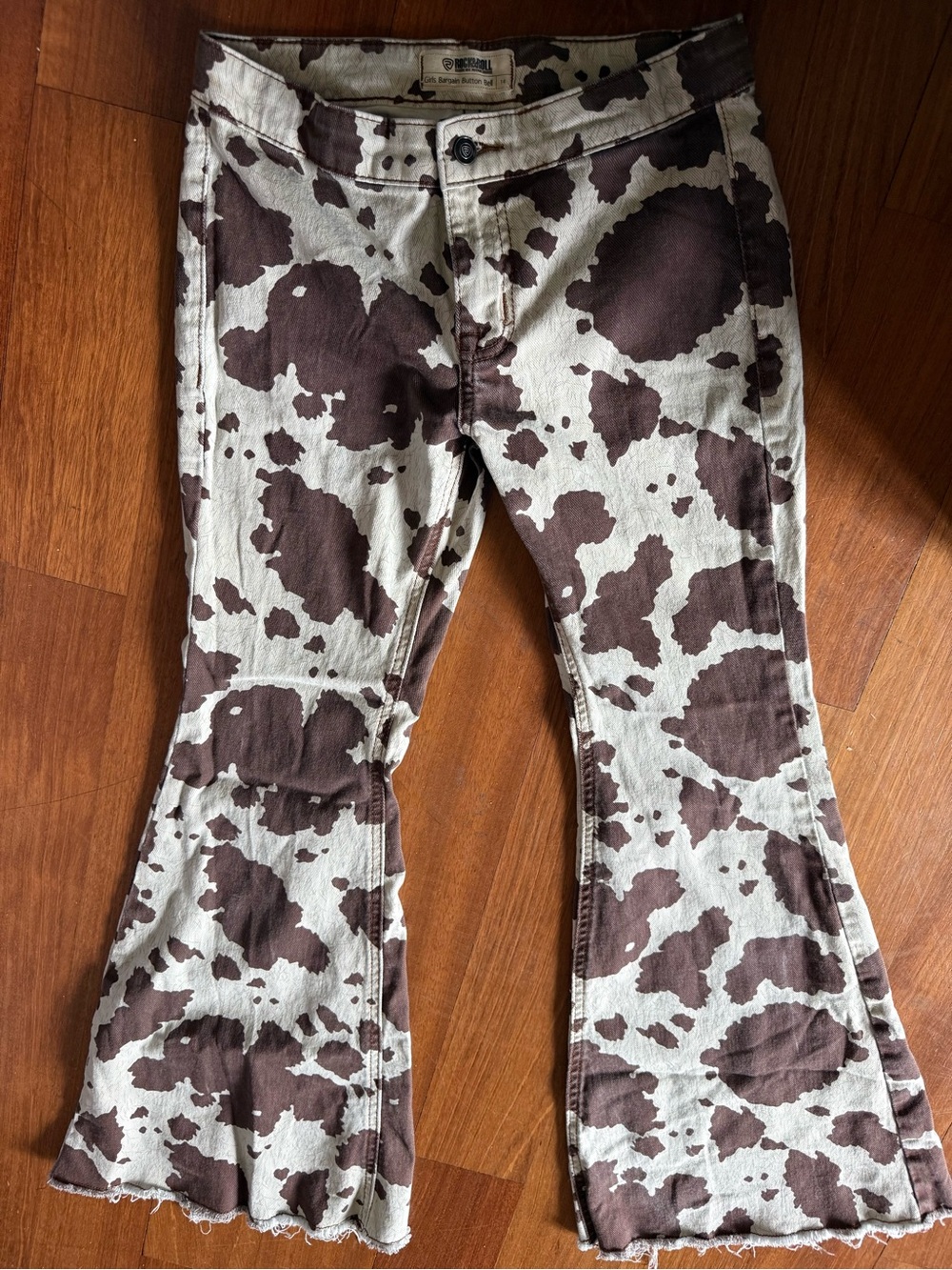 Cow Print Flared Pants in Brown and Cream. Rock & Roll Denim. Girls Bell